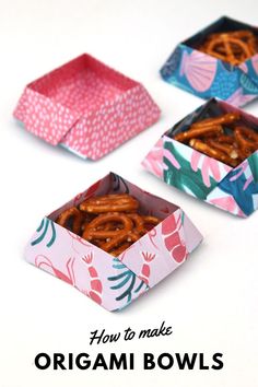 how to make origami bowls with paper and glue on the sides, including pretzels