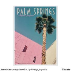 a palm tree in front of a pink building with the words palm springs on it