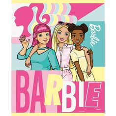 two girls are standing next to each other with the word barbie on it's side