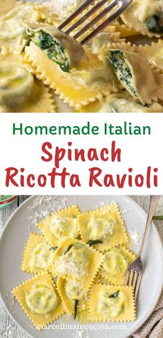 homemade italian spinach and ricotta ravioli recipe on a white plate with a fork