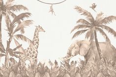 an elephant and giraffe are in the jungle with palm trees on either side