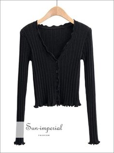 Sun-imperial Women Black V-neck Ribbed Knit Cardigan with Ruffle Trims detail Cheap Black Outerwear With Ribbed Cuffs, Trendy V-neck Cardigan For Layering, Black Ruffled Sweater For Spring, Fitted Black V-neck Sweater For Spring, Winter V-neck Top With Ruffles, Trendy Fall Cardigan With Ruffles, Trendy Ruffled Winter Cardigan, Trendy Ribbed V-neck Cardigan, Black V-neck Cardigan For Spring