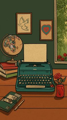 an old fashioned typewriter sitting on top of a desk next to books and a vase