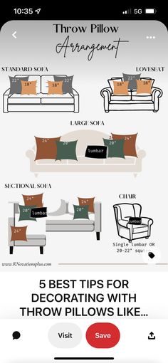 the info sheet shows how to decorate with throw pillows like couches and loveseat