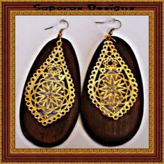 Dangle Wood Earrings With Gold Tone Designs Handmade Antique! Old Fashion Style Earrings. Elegant Brown Pierced Teardrop Earrings, Elegant Brown Plug Earrings As Gift, Elegant Brown Plug Earrings For Gift, Elegant Brown Teardrop Pierced Earrings, Wood Dangle Earrings, Antique Wood, Old Fashion, Wood Earrings, How To Antique Wood