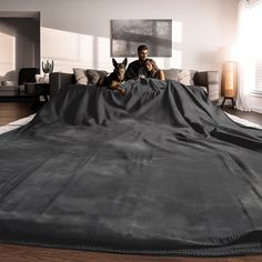 a man sitting on top of a bed covered in a black blanket next to two dogs