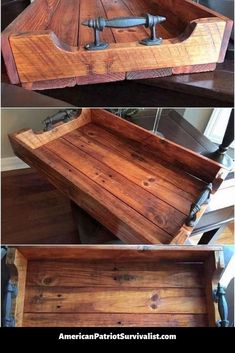 an old wooden box is turned into a serving tray with metal handles and latches