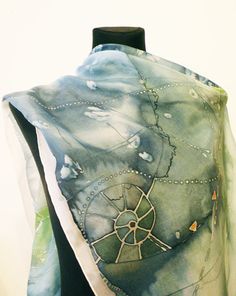 Silk painting scarf (blue-grey-green)  Description: Hand painted silk scarves and foulards. Each of them was made in a sole copy, meant to be a unique piece. Designed and crafted by: Alina Tyro-Niezgoda. This blue-grey-green one dimensions: 45×170 cm. Other Tender December scarves you Scarf Painting, Painted Silk Scarves, Handpainted Silk Scarves, Beads Clay, Blue Silk Scarf, Silk Fashion, Silk Clothes, Hand Painted Scarves, To Buy