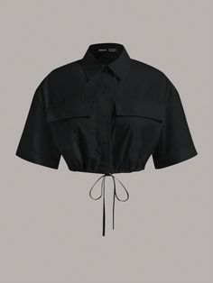 Flap Pocket Drawstring Hem Crop Shirt Black Casual  Half Sleeve Woven Fabric Plain Shirt Non-Stretch  Women Clothing, size features are:Bust: ,Length: ,Sleeve Length: Collar Details, Plain Shirt, Girl Fits, Fashion Videos, Plain Shirts, Midi Dress Bodycon, Crop Shirt, Shirt Sale, Blouse Styles