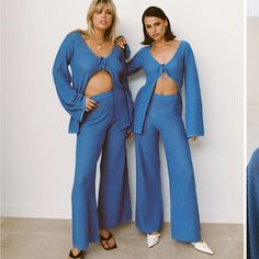 Never Worn With Tags On Casual Matching Set Bottoms For Fall, Casual Fall Matching Set Bottoms, Blue Sets For Fall, Blue Clothing Sets For Fall, Casual Blue Long Pants Sets, Blue Long Sleeve Non-stretch Set, Blue Trousers Sets For Spring, Blue High Waist Sets For Spring, Chic Blue Sets For Day Out