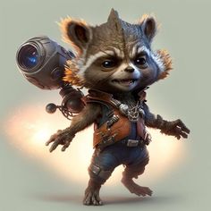 a rocket raccoon holding a camera in its right hand