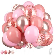 a bunch of pink and gold balloons with confetti