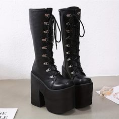 Black Gothic Punk Lace Up Mid Calf Chunky Platform Boots - Vedlit Chunky Platform Boots, Y2k Boots, Club Outfits For Women, Platform Boots Chunky, Lace Up High Heels, Black Platform Boots, Trendy Chic, Gothic Punk, Chunky Platform