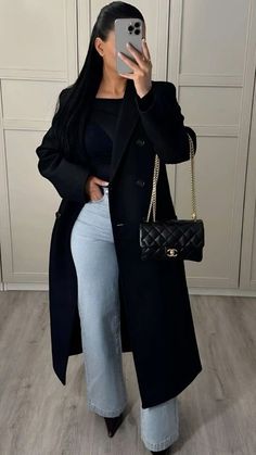 Classy Simple Fall Outfits, Black Long Coat Outfit Women Classy, Night Out Casual Outfit Winter, Fall Night Out Outfit Aesthetic, Nyc Formal Outfits, Going Out City Outfits, Professional Outfits Women 2024, Red Satin Blouse Outfit, Winter Ootd Women