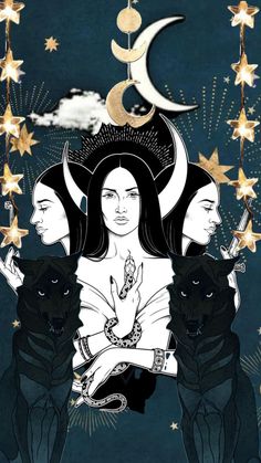 three women and two cats with the moon in the sky above them, surrounded by stars