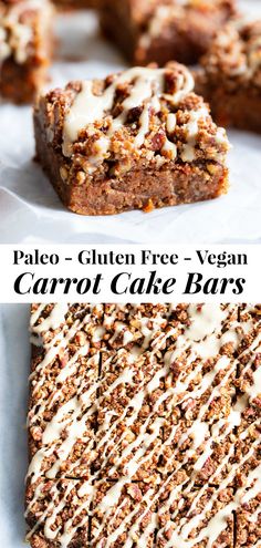 two pictures of carrot cake bars with glaze on top and the bottom one is cut in half