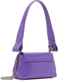 Patent leather shoulder bag in purple. · Detachable shoulder strap · Detachable cable chain crossbody strap · Bumper studs at base · Logo hardware at magnetic press-stud flap · Card slot at interior · Grosgrain lining · Logo-engraved silver-tone hardware · H4 x W7.5 x D2.75 Supplier color: Purple Modern Purple Bag With Detachable Strap, Modern Purple Top Handle Shoulder Bag, Purple Leather Shoulder Bag With Chain Strap, Purple Shoulder Bag With Silver-tone Hardware For Evening, Purple Detachable Handle Crossbody Shoulder Bag, Luxury Purple Shoulder Bag With Silver-tone Hardware, Luxury Purple Shoulder Bag With Detachable Strap, Purple Crossbody Shoulder Bag With Detachable Handle, Purple Evening Shoulder Bag With Adjustable Strap