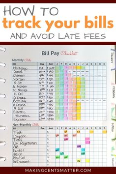 a binder with the words how to track your bills and avoid late fees on it