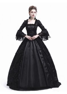 Black Flower Masquerade Gothic Victorian Dress D3021 - D-RoseBlooming Victorian Gothic Dress, Ball Gowns Victorian, Black Victorian Dress, Victorian Dress Gown, Victorian Ball Gowns, Gothic Victorian Dresses, Rococo Dress, Dress Display, Bustle Dress