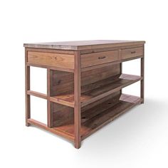 a wooden table with two drawers and shelves