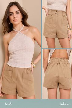 You'll be ready for a day of exploring when you slip on the Lulus Adventuring Persona Tan High-Waisted Shorts! Lightweight woven twill shapes these cute shorts with a high-rise fit and an elasticized waist that features belt loops and a hidden zipper fly with dual, top button closures. Oversized, utility-style patch pockets accent the front of the relaxed shorts, while a single patch pocket at back completes the look! Fit: This garment fits true to size. Length: Above mid-thigh. Size medium Wais Trendy Beige Shorts For Vacation, Chic Beige Shorts For Summer Outings, High Waist Cotton Shorts For Summer Outings, Beige Paperbag Waist Shorts For Spring, Trendy Beige Shorts For Spring, Beige Shorts For Spring Day Out, Trendy Cotton Shorts For Summer Outings, Chic Beige Shorts With Elastic Waistband, Trendy Beige Shorts For Day Out