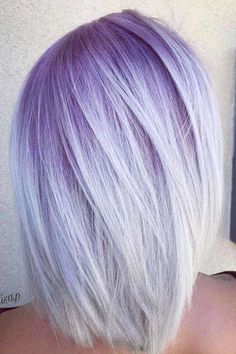 Angled Lob Haircut With Bangs, Fun Colors For Grey Hair, Lavender Bob Hair, Lavender Hair Streak, Pastel Purple Hair, Bob Haircut Ideas, Ombre Bob, Icy Blonde Hair