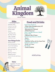 an animal kingdom food and drinks menu