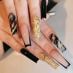 PRICES MAY VARY. 💖Golden Leaf Press on False Coffins Nails Are Made Of High Quality ABS Material,Which Is Environmental-Friendly Material,No Toxic,No Smell,No Harm To Your Nails Or Body,100% Safe And Healthy Material To Use. 💖Bling Luxury Gold False Nail Tips with Design Has 24Pcs Fake Nails Offers Different Sizes With 12 Nails,You Can Choose The Most Suitable False Nail For Yourself ,It Is Easy To Trim And File Them To In Any Length And Shape You Like.So They Are Convenient To Choose The Suit Black Nail Tips, Fake Nails Long, Ballet Nails, Long Press On Nails, Coffin Press On Nails, Ballerina Nails, Nailed It, Stick On Nails, Beauty Nail