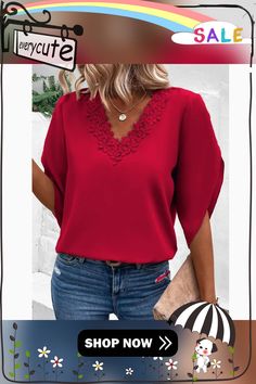 Red Solid Lace V Neck Bell Sleeve Blouse Red Solid Color V-neck Top, Red V-neck Solid Color Blouse, Red Solid Color V-neck Blouse, Red V-neck Top For Work, Red V-neck Top For Workwear, Red Solid Color Blouse For Spring, Red Solid Color Top For Spring, Red Solid Color Spring Top, Bell Sleeve Blouse