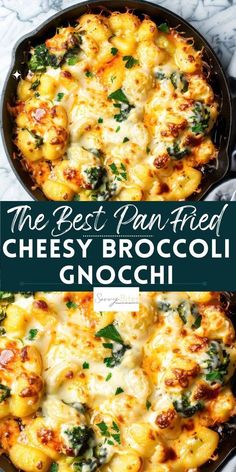 the best pan - fried cheesy broccoli gnocchi in a cast iron skillet