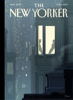 the new yorker movie poster with a man standing in an open window looking out