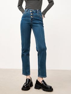 MO&Co.Women Straight High Waist Jeans Features : - Multi-button closure- High waist design- Straight leg and ankle designCode: MBB4JENT12The length of size M is 96cm MATERIALS & CARE : Material: 99.1% Cotton 0.9% SpandexMachine wash separately under 30℃Do not bleach, hang to dryDo not tumble dry, iron at a low temperatureDo not dry clean, do not expose to the sunThe reverse side is washed in a mesh bag, do not soakNotice:1. The leather tag part should not be ironed or wiped.2. Denim products hav Fitted Denim Blue Pants With Button Closure, Blue Tapered Leg Bottoms With Button Closure, Trendy Cropped Leg Bottoms With Button Zip Fly, Fitted Denim Blue Bottoms With Button Closure, High-waisted Button Closure Jeans For Fall, Fall Tapered Leg Jeans With Button Closure, Mid-rise Denim Blue Bottoms With Button Closure, Mid-rise Pants With Button Closure, Blue Tapered Leg Pants With Button Closure