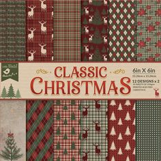 christmas digital paper pack with red and green plaid patterns, deers, snowflakes and trees