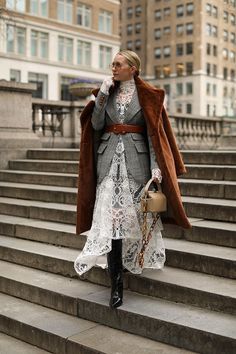 Current Work Outfits, Lace Dress With Blazer Outfit, Layered Style Clothes Outfit Ideas, Blair Eadie Style, Lace Dress Layered Outfit, Creative Style Outfits Inspiration, Clothes Layering Ideas, Lace Layered Outfit, Layering With Dresses