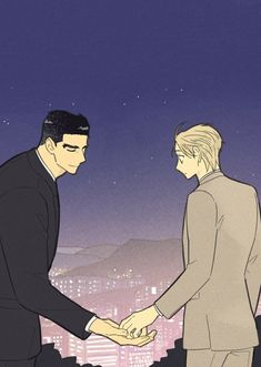 two men shaking hands in front of a cityscape with the moon behind them