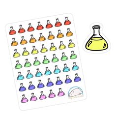 a sticker with different colored flasks and a mouse next to it on a white background