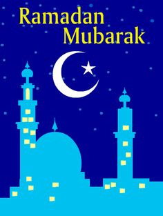 rama mubarak greeting card with mosque and moon in the night sky, suitable for muslim