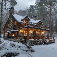 a log cabin in the middle of winter with snow on the ground and trees around it