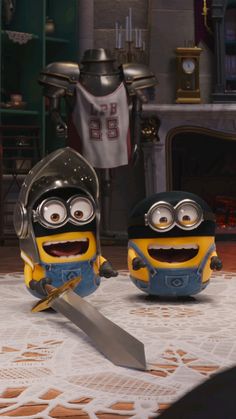 two minions from despicables standing next to each other in front of a fireplace