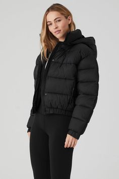 Aspen Love Puffer Jacket - Black | Alo Yoga Sporty Down Puffer Jacket With Detachable Hood, Sporty Puffer Jacket With Detachable Hood For Fall, Sporty Puffer Jacket With Adjustable Hood For Cold Weather, Sporty Down Outerwear With Detachable Hood, Alo Yoga Long Sleeve Puffer Jacket For Fall, Sporty Down Puffer Jacket With Adjustable Hood, Functional Down Hooded Jacket For Fall, Alo Yoga Long Sleeve Winter Puffer Jacket, Alo Yoga Winter Puffer Jacket