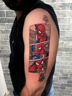 a man's arm with a spiderman tattoo on it, and the image is in