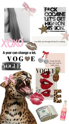 a collage of various images including lipstick, leopard print and other things that are on display