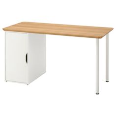 a white desk with a wooden top and two drawers on one side, against a white background