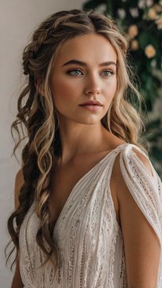 🍃 Enhance wedding hairstyles half length with bangs with Braided Halo with Soft Bangs Wedding Fairy Hairstyles, Boho Bride Hair Flowers, Flowers And Veil Wedding Hair, Garden Party Wedding Hair, Long Brown Hair Wedding Hairstyles, Enchanted Forest Wedding Hair, Elf Wedding Hair