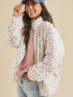 This stylish corduroy piece features a captivating floral pattern, a practical zipper closure, and two convenient pockets. The cuffed bottom adds a touch of modern flair, while the soft fabric ensures warmth. Fall Floral Print Cotton Outerwear, Trendy Cotton Outerwear With Floral Print, Casual Winter Outerwear With Floral Print, Casual Floral Print Winter Outerwear, Casual Winter Floral Print Outerwear, Flower Jacket, Thrift Inspo, Sherpa Fabric, Cute Coats