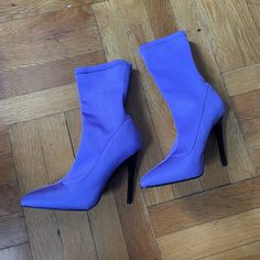 Size 6.5, Never Worn! Stretchy Fabric, 4 In Heels. From Base Of Ankle To Top Of Shoe Is 5 Inches. Color Is A Bit Less Blue And More Warm Purple. Spring High Ankle Heels With 4-inch Heel, Purple Fitted Heels With 4-inch Heel, Purple Pointed Toe Heels With Reinforced Heel, Purple Heels With Reinforced Heel And Pointed Toe, Trendy Ankle-high Fitted Heels, High Ankle 4-inch Heels For Spring, Trendy Fitted Almond Toe Heels, Trendy Almond Toe Heels, Ankle-high Fitted 4-inch Heels