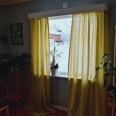 a window with yellow curtains and potted plants