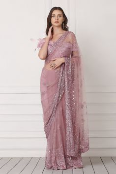 Shop for these amazing collections of Purple Net Embellished Sequins One Shoulder Saree With Blouse For Women by Pooja Peshoria online at Aza Fashions. Cheap Saree With Unstitched Blouse For Festivals, Kurta Ideas, Net Saree Blouse Designs, Net Saree Blouse, Resham Work, Saree Poses