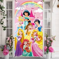 there are many princesses on this birthday party door decorationating the room with pink flowers