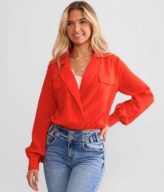 Hyfve Collared Surplice Top - Orange Small, Women's Red Woven top Elasticized hem Bust measures 40 on size small Body length 18 on size small. Layering piece(s) and/or accessories sold separately.. 49% Rayon 34% Polyester 17% Polyamide. Hand wash cold. Do not bleach. Line dry. Iron low. Do not dry clean.. Measurements: Bust -Fullest part of bust with arms at sides. Waist -Circumference of natural waist: above belly button below rib cage. Hips -Standing with feet together fullest part of hips. WO Surplice Top, Waist Circumference, Top For Women, Woven Top, Women Shirts Blouse, Rib Cage, Shirts Blouses, Women's Shirts, Layering Pieces